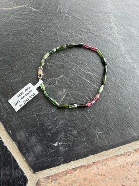 Green & Pink Tourmaline Bead Bracelet 14kt white gold clasp 6.75”